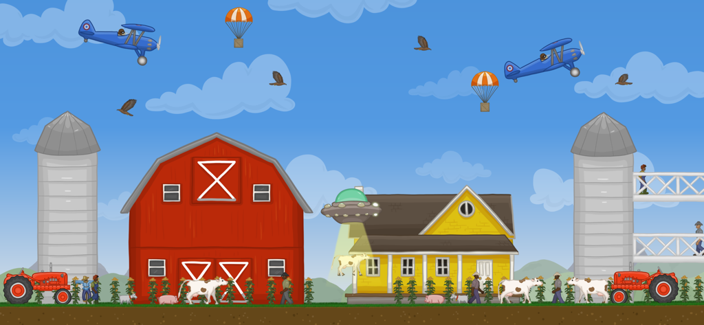 Tasty Planet: Final Bite - A small UFO abducts a cow on a farm with a red barn and yellow house in Tasty Planet Final Bite