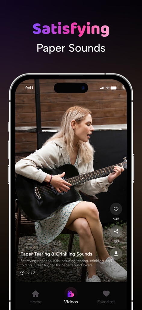 AI ASMR Video Generator: Relax - AI ASMR app interface showing a video titled Satisfying Paper Sounds