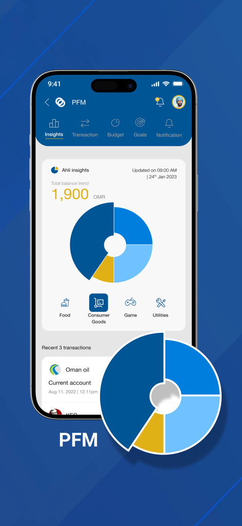 Ahlibank M-Bank - Ahlibank M-Bank app Personal Finance Manager screen showing a spending pie chart and financial insights.