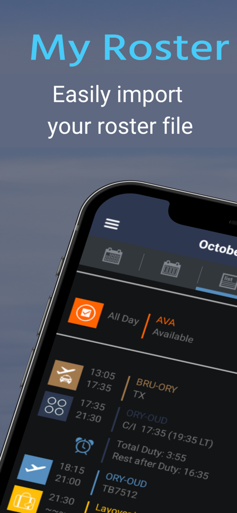 Die Funktion 'Mein Dienstplan' in der CrewLounge AERO App, die einen Flugdienstplan für die Besatzung anzeigt.