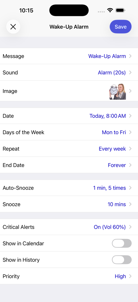 Pantalla de configuración de una alarma de despertador en la aplicación Aida Reminder que muestra opciones de repetición y posposición