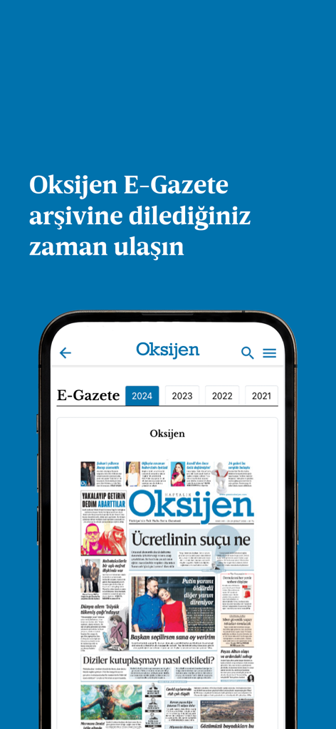 Oksijen Gazetesi - Oksijen Gazetesi app interface showing the e-gazette archive on a smartphone screen.
