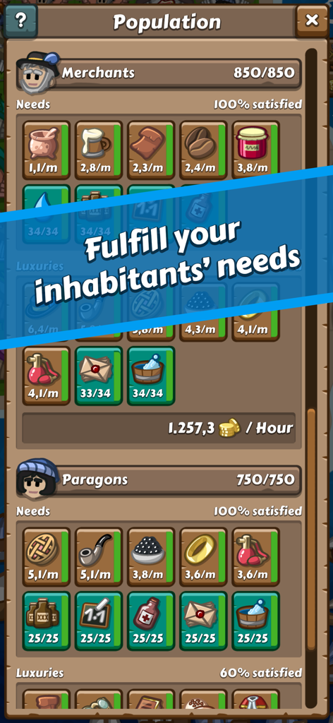 A menu screen in Paragon Pioneers 2 showing the goods required to satisfy the needs of Merchants and Paragons