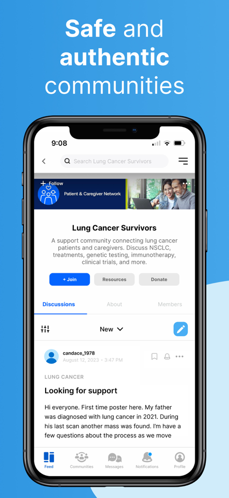 Inspire app interface showing a dedicated support community for lung cancer survivors and caregivers