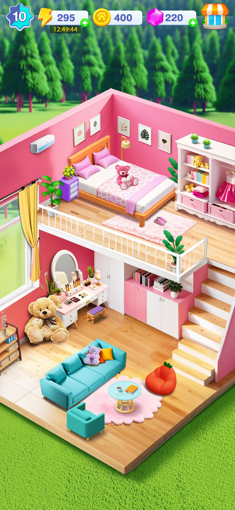 Pink bedroom and modern living room interior design in Merge Home Master game