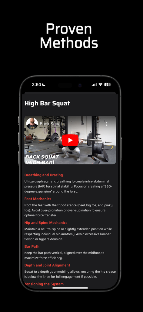 LiftLab - Optimized Training - LiftLab app interface showing technical high bar squat instructions and video tutorial
