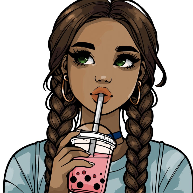 realistic girl with braided hair drinking boba