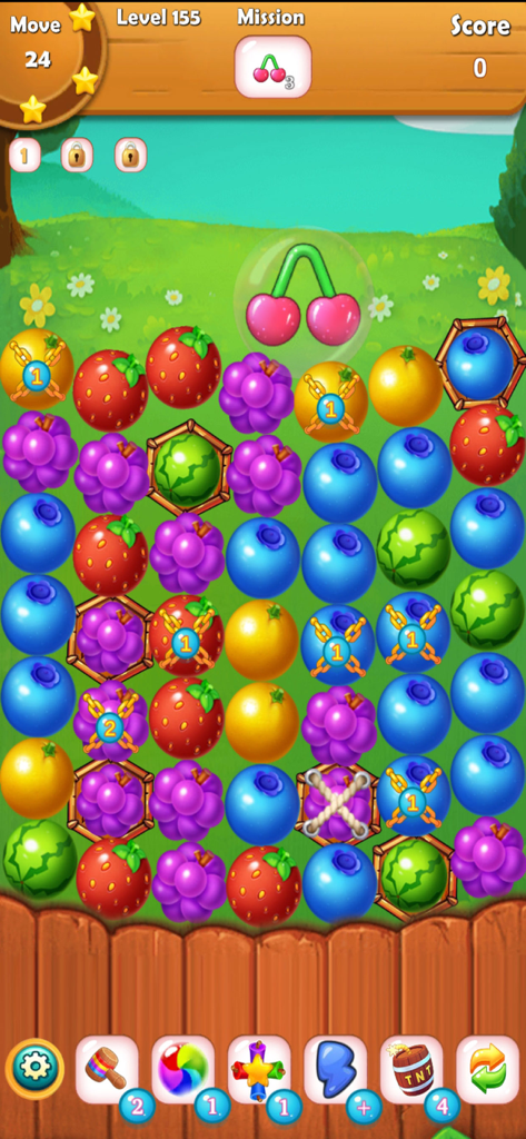 Fruit Link - Line Blast - Capture d'écran du gameplay de Fruit Link Line Blast montrant une grille colorée de fruits avec des power-ups et la progression du niveau