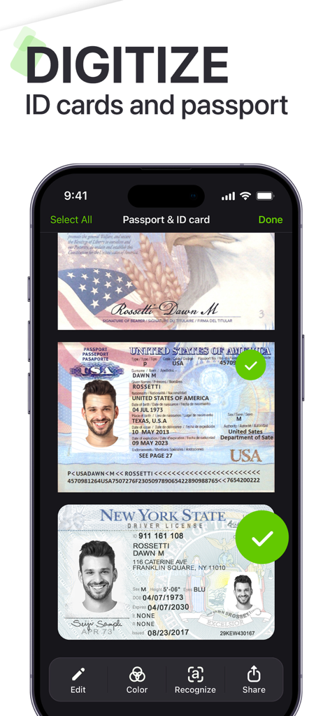 My Scanner: Scan to PDF & Edit - Écran de smartphone montrant un passeport et une carte d'identité numérisés dans l'interface de l'application My Scanner.