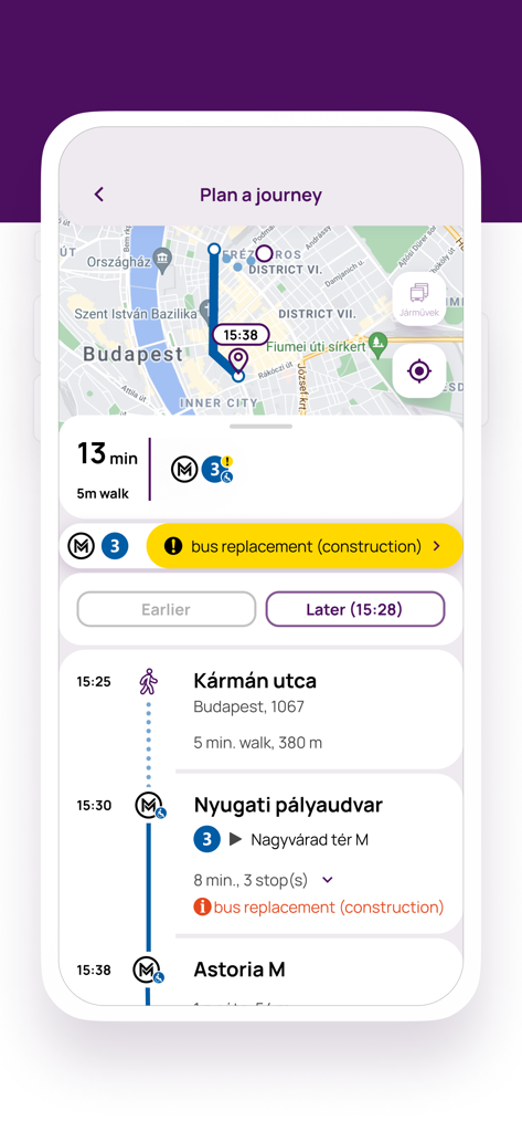 BudapestGO - Interfaz de la aplicación BudapestGO que muestra una ruta de tránsito planificada con un mapa y alertas de servicio en tiempo real.