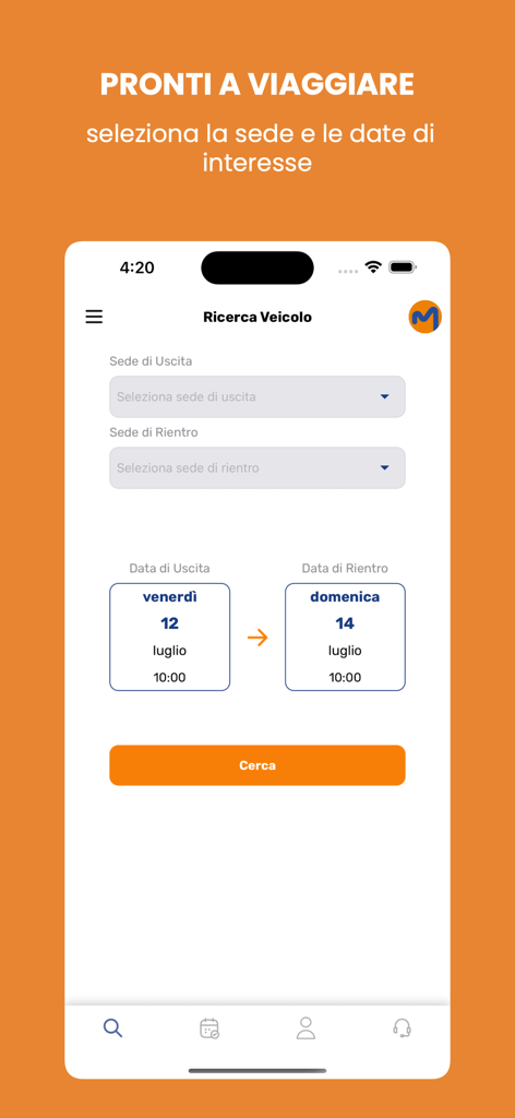 MOVENTUR - Moventur car rental app vehicle search screen with date and location selection