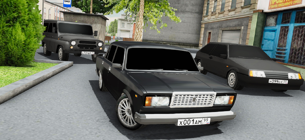 A black tuned Lada 2107 parked on a city street with other Russian cars in a sandbox driving game