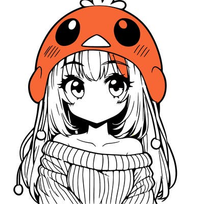 anime girl with chick shaped hat with sweater with bare shoulders with bangs covering them one eye with low tail