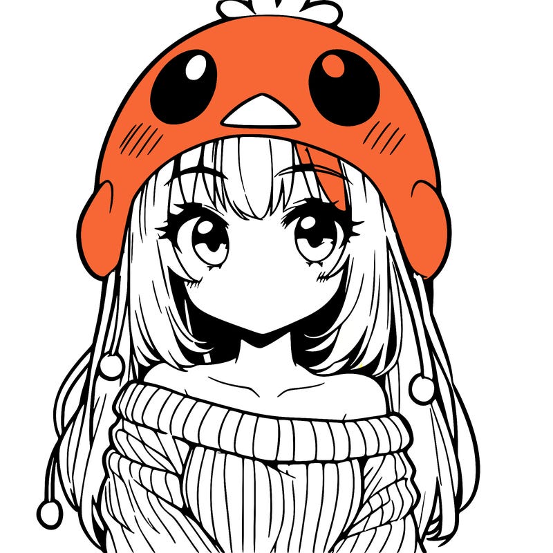 anime girl with chick shaped hat with sweater with bare shoulders with bangs covering them one eye with low tail