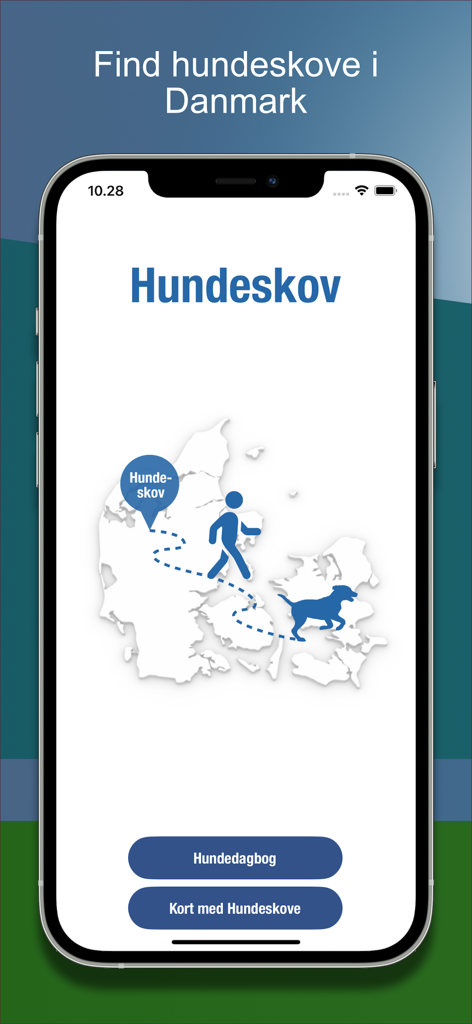 Dog forest - Hundeskov app home screen on an iPhone showing a map of Denmark with a dog and owner illustration