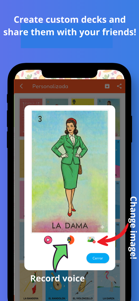 Online Mexican Lottery - Interface of the Online Mexican Lottery app showing how to customize cards with voice recordings and custom images