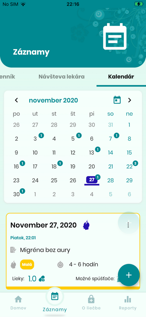 Migréna Kompas (SK) - Screenshot of the Migrena Kompas app showing a calendar view and detailed migraine attack records