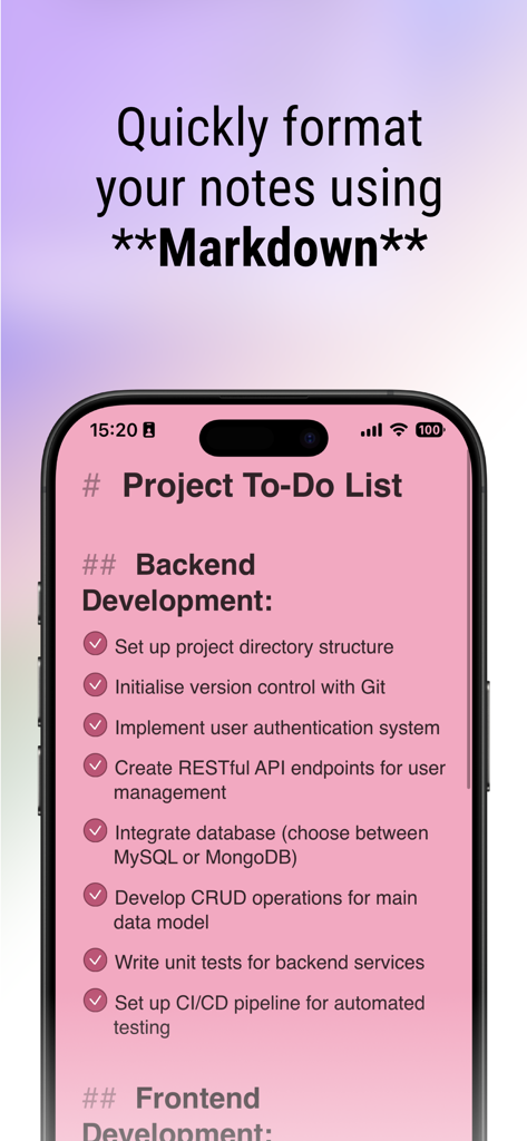 FiveNotes Mobile - FiveNotes Mobile app showing markdown formatting and a project to-do list on iPhone