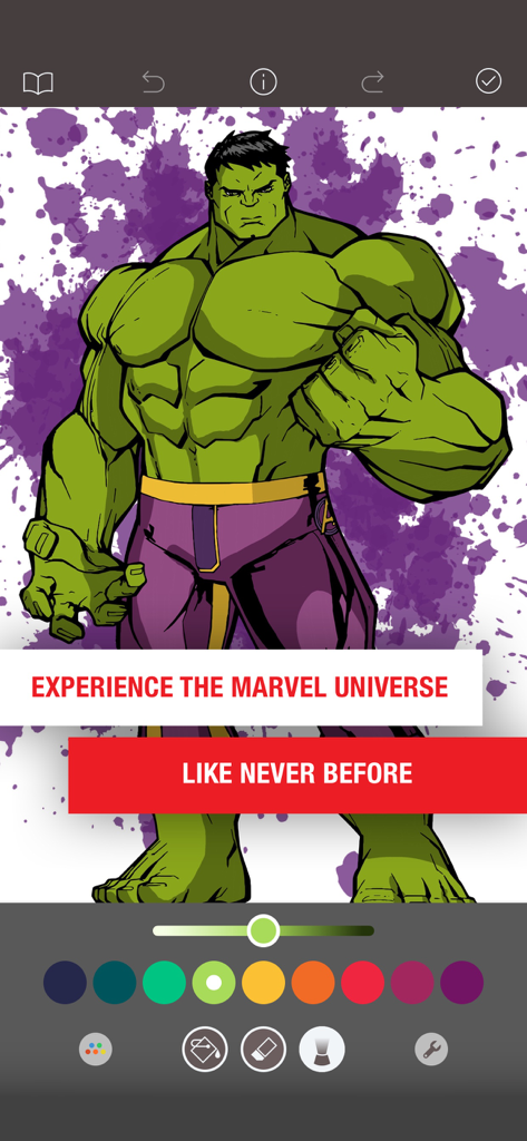 Hulk coloring page within the Marvel Color Your Own app interface with digital painting tools
