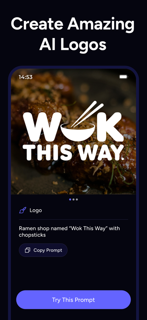 AI Image Generator - Monet - Una captura de pantalla de la interfaz de la aplicación Monet que muestra un logotipo generado por IA para una tienda de ramen con una indicación de texto.