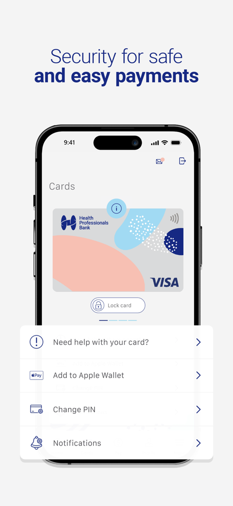 Health Professionals Bank app card settings screen showing options to lock card add to apple wallet and change pin