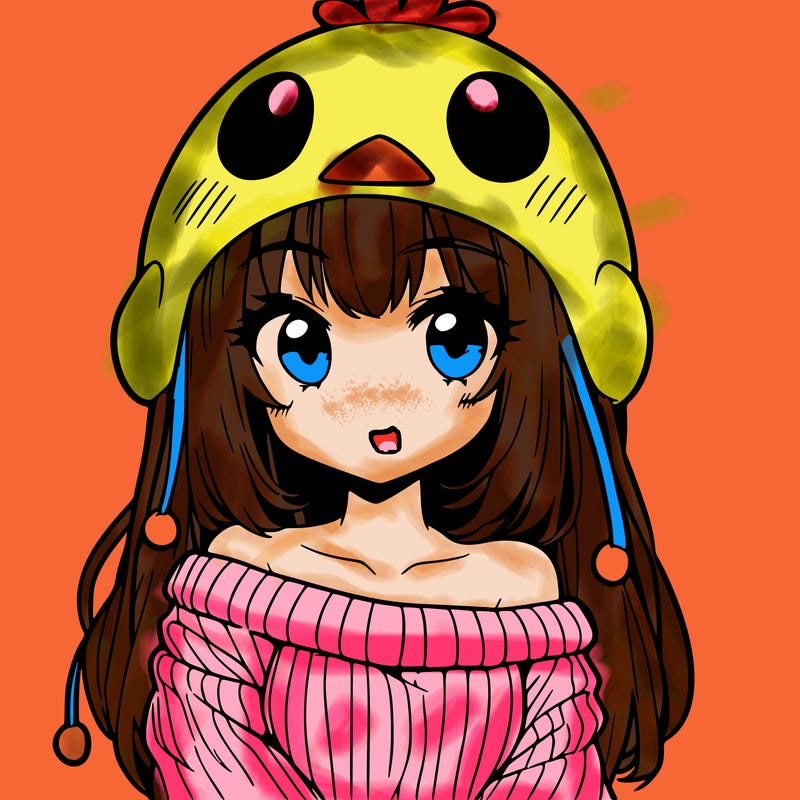anime girl with chick shaped hat with sweater with bare shoulders with bangs covering them one eye with low tail