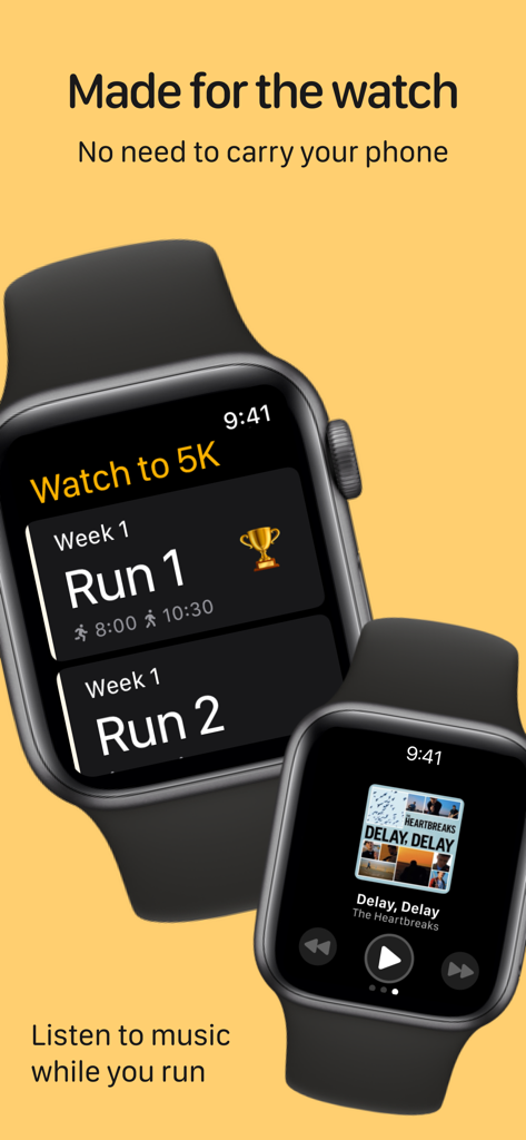 Watch to 5K－Couch to 5km plan - Apple Watch mostrando el plan de running de Watch to 5K y la interfaz de control de música