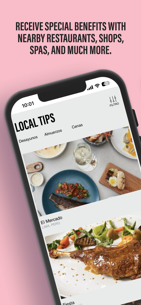 Wynwood House - Wynwood House app showing local restaurant recommendations and exclusive travel benefits.