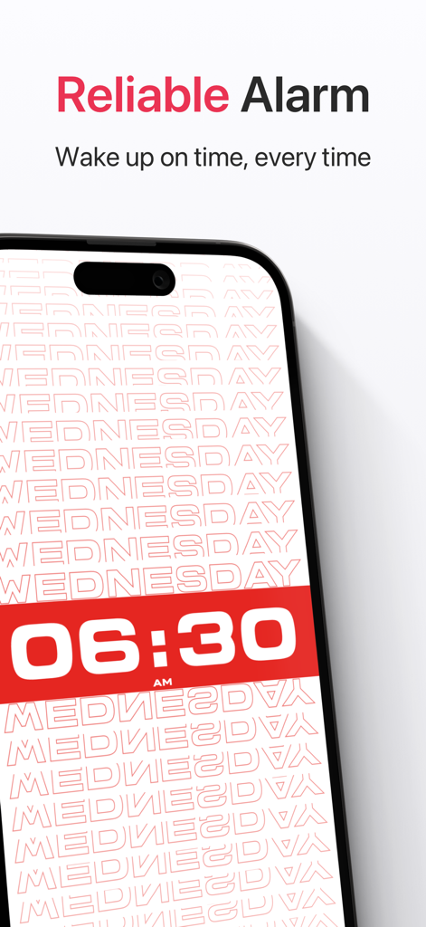 오전 6시 30분으로 설정된 세련된 빨간색과 흰색 디지털 알람 시계와 반복되는 수요일 배경 패턴을 보여주는 스마트폰 화면.