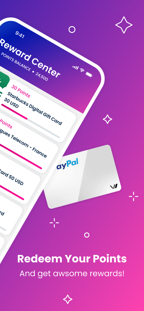 Toluna Influencers app Reward Center screen showing points balance and gift card redemption options like PayPal and Starbucks