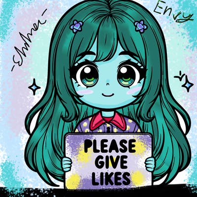 realistic cute girl holding a sign that says “please give likes”