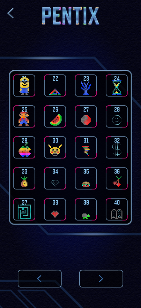 Pentix - Block Puzzle PVP Game - Grille de sélection des niveaux pour le mode campagne du jeu de puzzle de blocs Pentix, présentant diverses icônes en pixel art.
