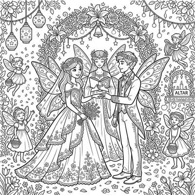 Step into a world of enchantment with this exquisite Light Fairies Wedding coloring page. Witness the magical union of a fairy bride and groom, surrounded by their whimsical attendants and blooming floral splendor.
