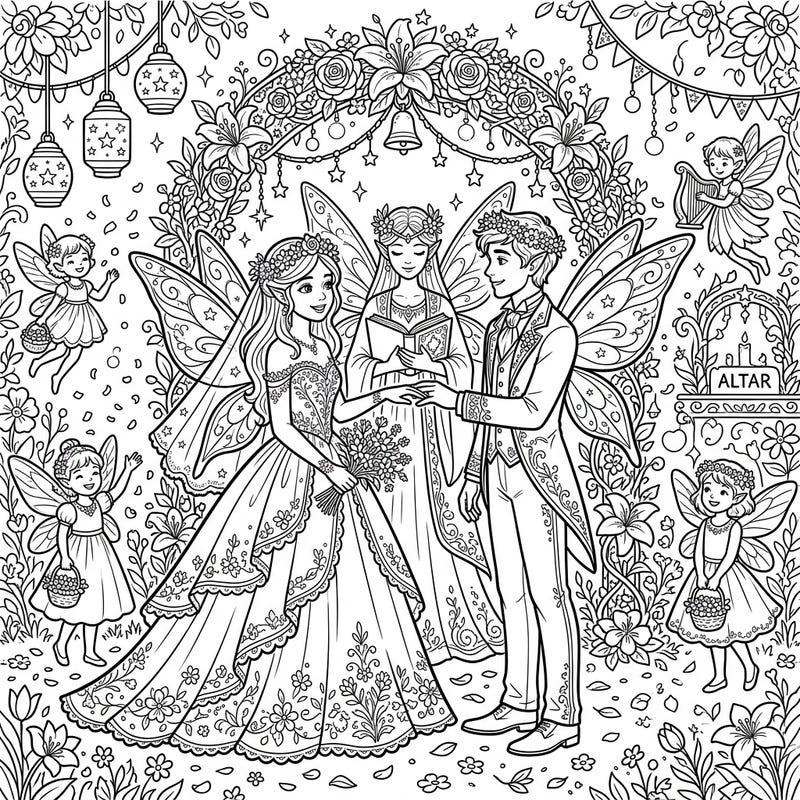 Step into a world of enchantment with this exquisite Light Fairies Wedding coloring page. Witness the magical union of a fairy bride and groom, surrounded by their whimsical attendants and blooming floral splendor.