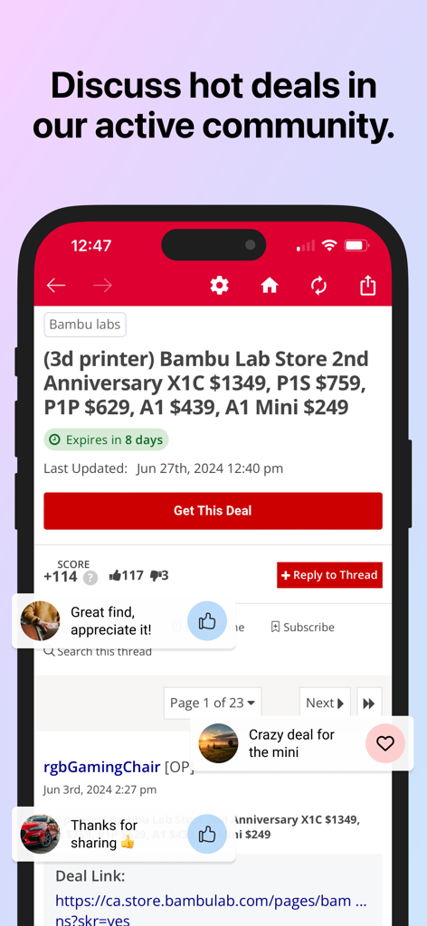 A screenshot of the RedFlagDeals app showing an active community discussion thread about a 3D printer discount.