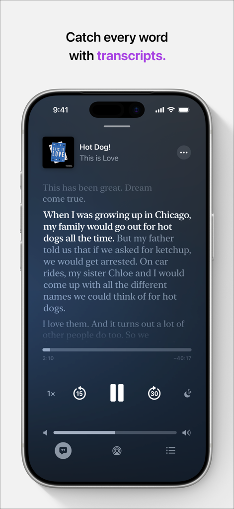 iPhone screen displaying the Apple Podcasts transcript feature with synchronized text for a podcast episode