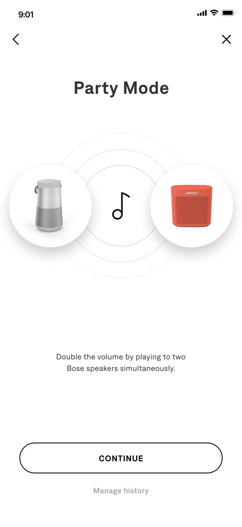 Interface of Bose Connect app explaining Party Mode feature to sync two speakers simultaneously