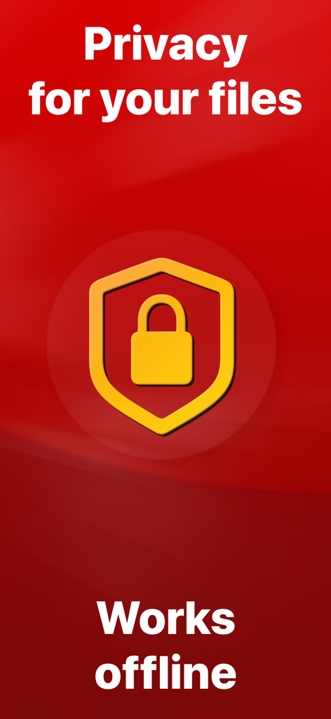 PDFMaker: JPG to PDF converter - Schermata dell'app PDFMaker che evidenzia la privacy dei file e la funzionalità offline con icone di scudo giallo e lucchetto