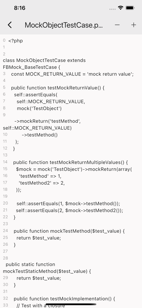 Codiscover: Code Browser - Código fonte PHP exibido no aplicativo móvel Codiscover