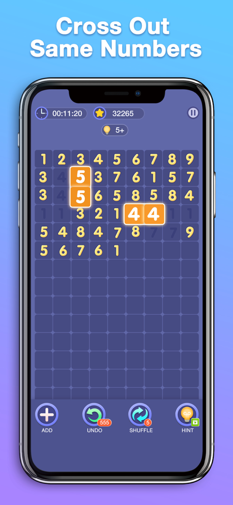 Match Ten - Number Puzzle - A mobile game screen showing a grid of numbers with matching pairs highlighted for crossing out.