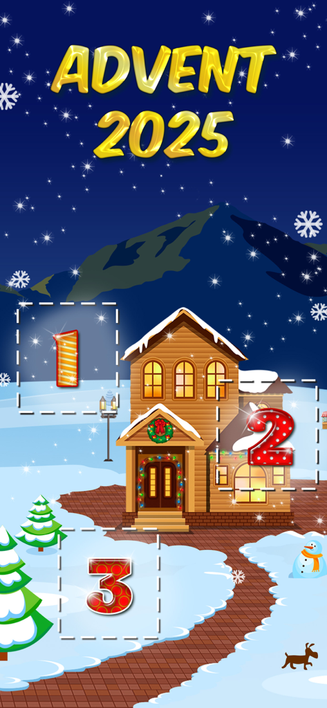 25 Days of Christmas 2025 - Digital advent calendar interface featuring a cozy wooden house in a snowy winter landscape with numbered gift windows