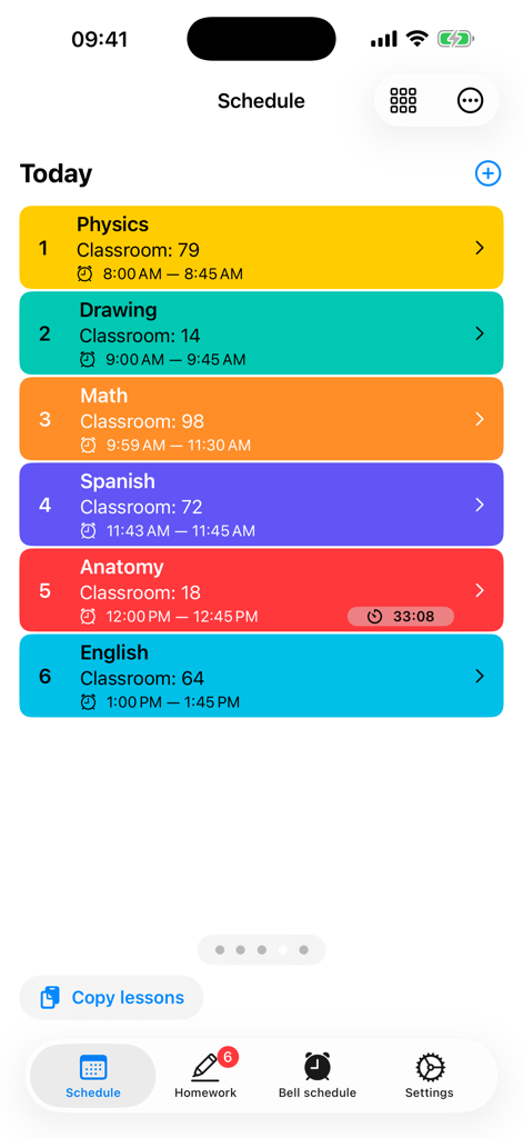 A daily class schedule interface showing color-coded subjects like Physics, Math, and Spanish with classroom numbers and lesson times.