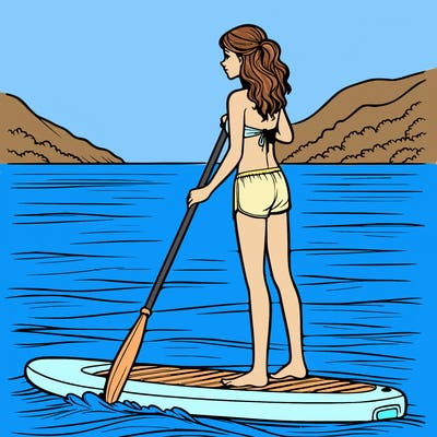 realistic girl paddle boarding in the sea