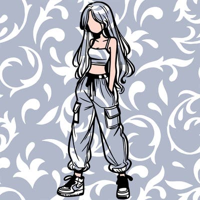 girl in baggy pants crop top and long hair