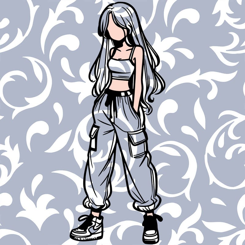 girl in baggy pants crop top and long hair
