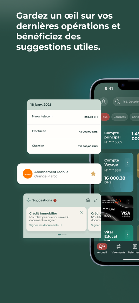 Saham Bank mobile app dashboard displaying recent transactions and mortgage suggestions