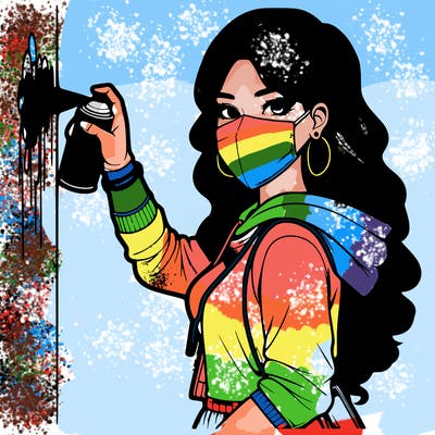 realistic girl with mask spray painting a wall