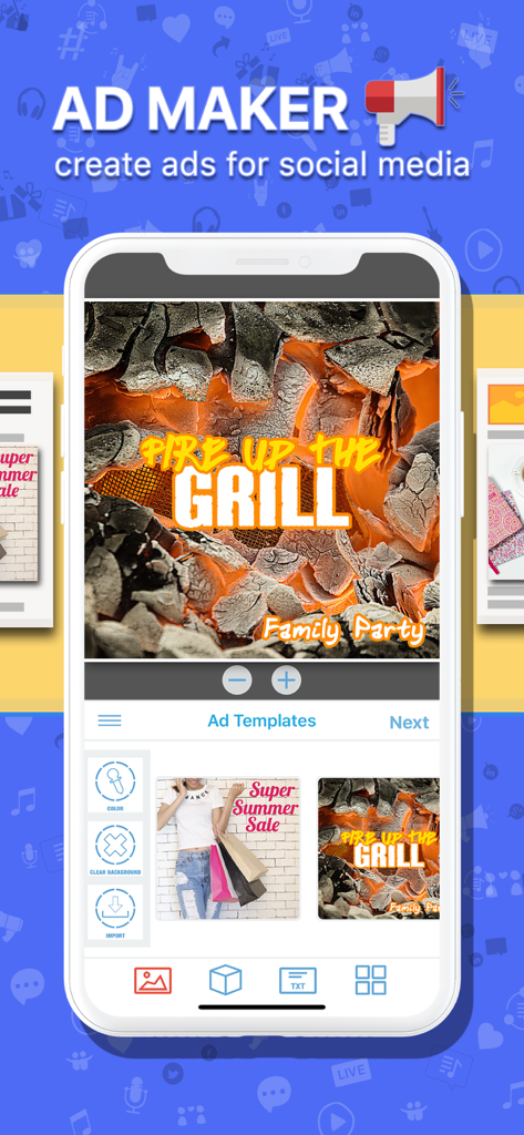 A mobile phone displaying the Ad Maker app with a Fire Up The Grill ad template being edited.