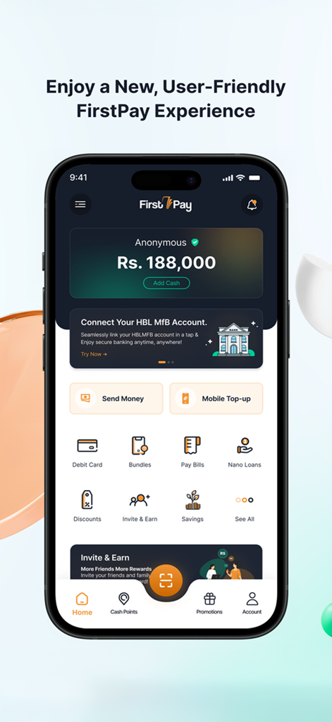FirstPay app home screen displaying account balance in Rupees and options for money transfer, bill payments, and nano loans.