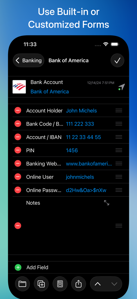 Safe +  Password Manager - Safe plus Passwort-Manager zeigt ein anpassbares Bankkontoformular mit sicheren Datenfeldern an